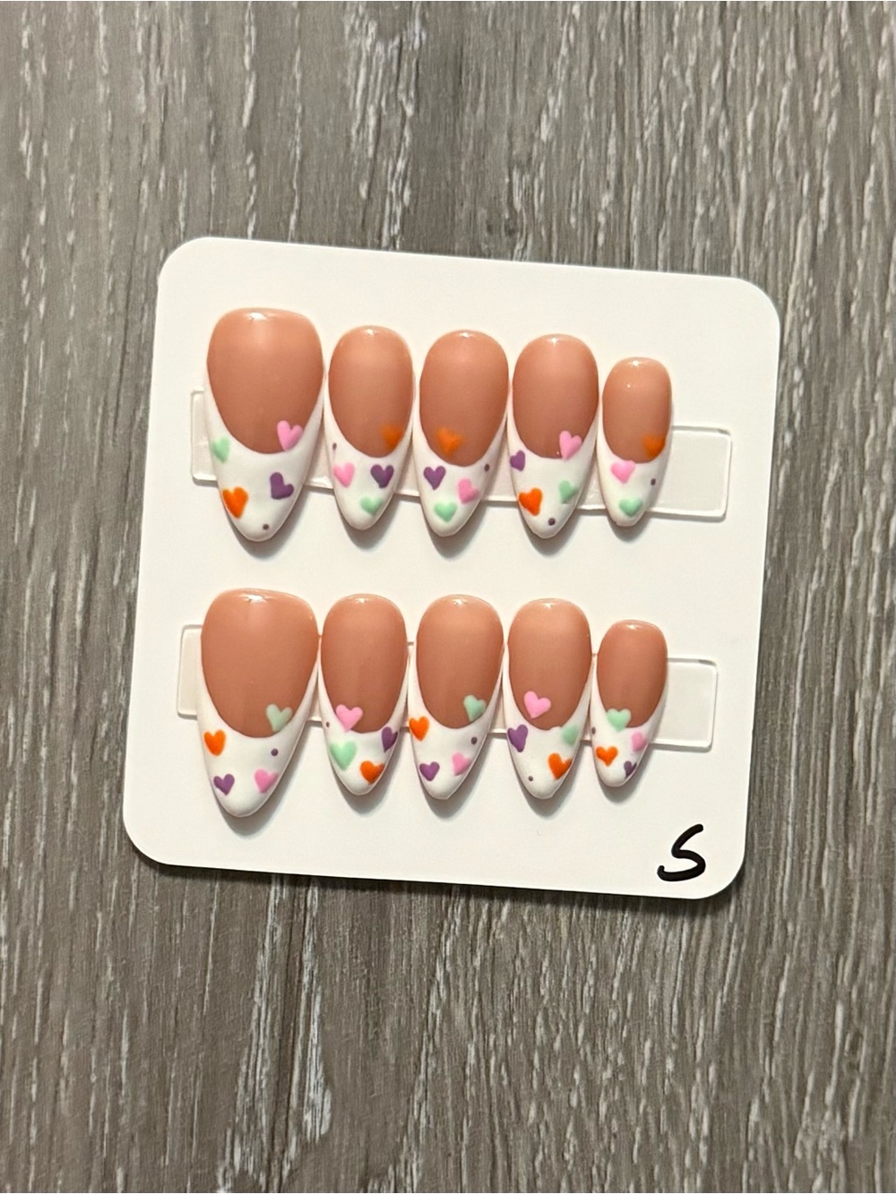 Nude Heart Tip Press-On Nails with Multicolor Hearts